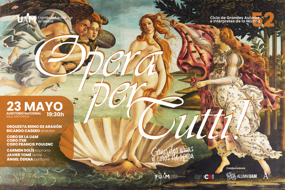 El concierto Opera per Tutti! tendrá lugar el viernes 23 de mayo a las 19:30 en la Sala Sinfónica del Auditorio Nacional de Música, en el marco del ciclo de conciertos del Centro Superior de Investigación y Promoción de la Música de la UAM. Será interpretado por la Orquesta Reino de Aragón, dirigida por Ricardo Casero, junto a tres coros con más de cien cantantes y los solistas Carmen Solís, Javier Tomé y Àngel Òdena.