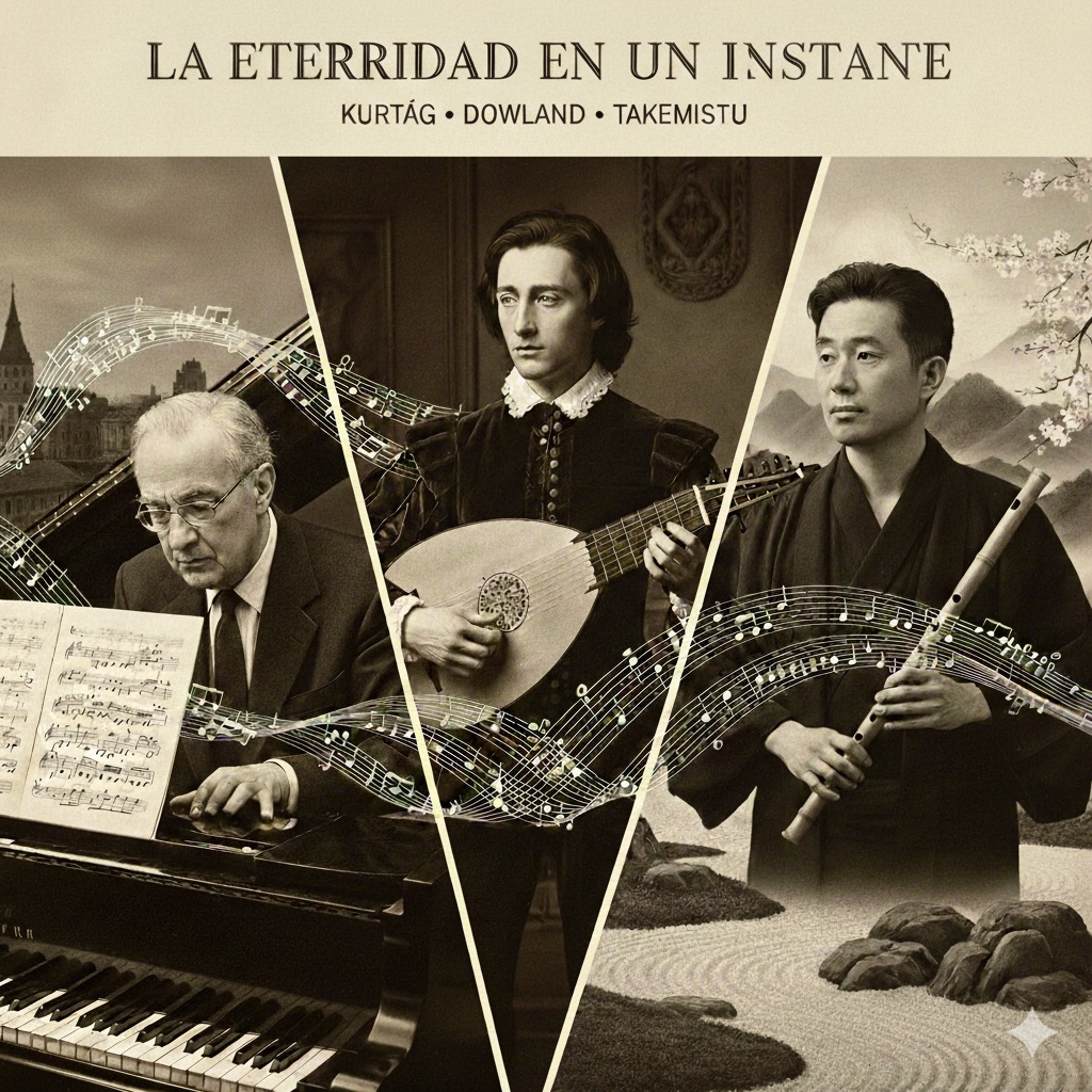 Lss tres efemerides Dowland, Kurtag y Takemistu